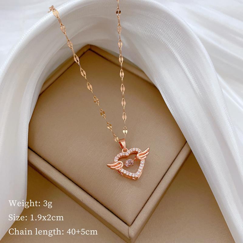 Smart Angel Heart Light Luxury Temperament Gorgeous Full Diamond Necklace Female Versatile Clavicle Chain Titanium Steel Chain
