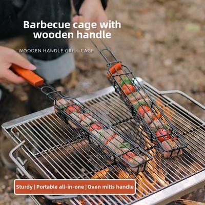 Outdoor Wooden Handle Barbecue Cage Camping Meat and Vegetable Barbecue Grid Picnic Barbecue Tools Charcoal Grilled Sausage Sign