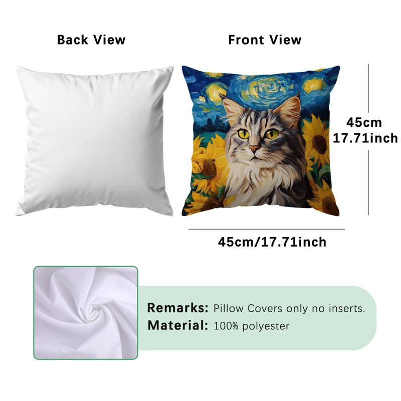 1Pc Cat And Sunflowers Oil Painting Cushion Covers Polyester Pillow Cover For Home Sofa Chair Bed Car Party Table Decoration