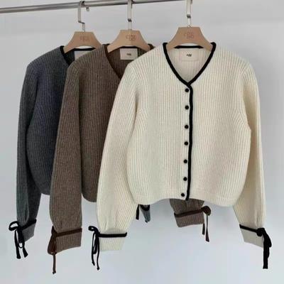 Autumn New Sweet Bow Long Sleeve Casual Sweater Coat Women Winter Solid V Neck Knitted Cardigan Sweaters Women Elegant Slim Knitwear Cardigans 25232