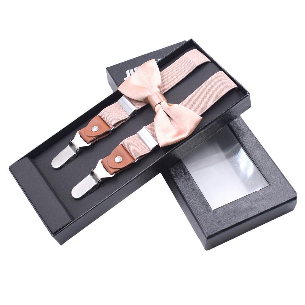 Unisex Adult & Kids 3 Clips Suspenders Bow Tie Set, Adjustable Elastic PU Braces