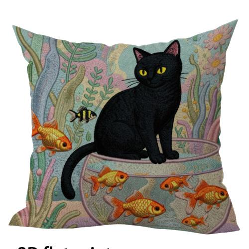 Black Cats with Goldfish Theme Double-sided Printed Pillow Cover Short Plush Suitable Living Rooms Bedrooms Throw Cushion Cover