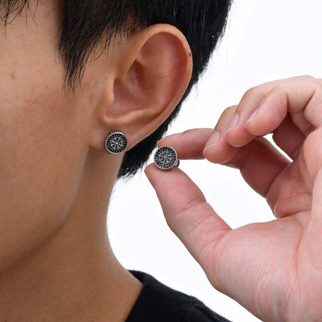 Vnox Viking Compass Zircon Stud Earrings, Copper Metal White Gold Plated Spiral Ear Post, Simple Jewelry Gift for Men Boys Him