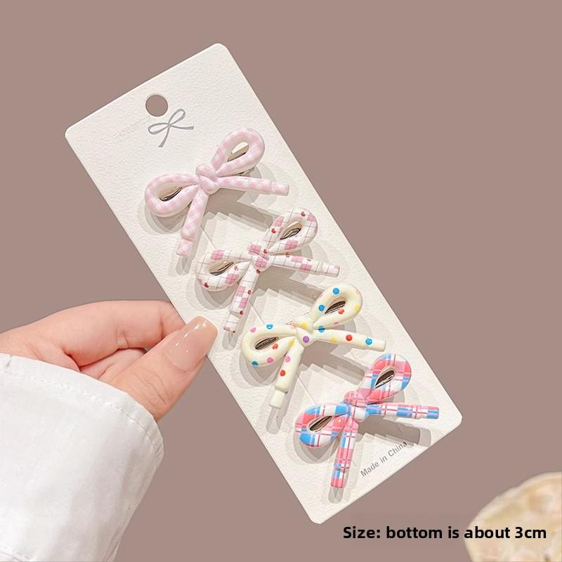 4Pcs/set Fashion Hairpins Simple Polka Dot Pink Bow Duck Bill Bangs Clip Versatile Children's Niche Headwear Hairpin