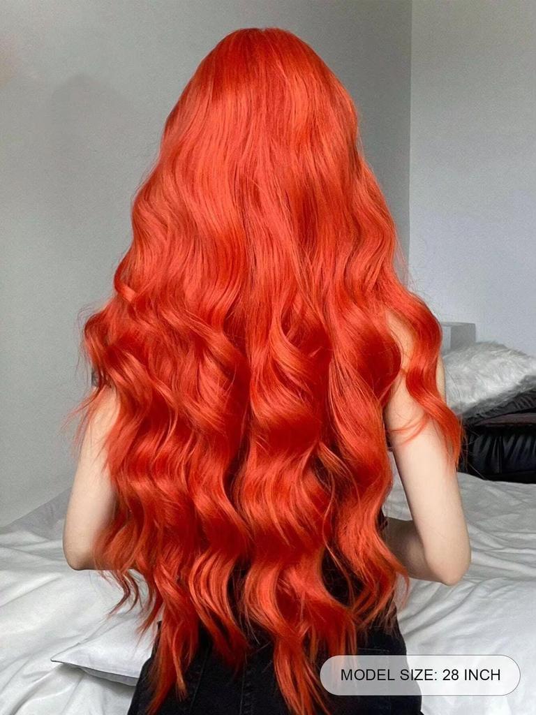 ALAN EATON Long Orange Synthetic Wig Water Wavy Wig with Bangs for Women Realistic Fake Hair Halloween Party Use Heat Resistant Cosplay Use