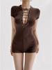Eleganter Bodysuit mit tiefem V-Ausschnitt, Schnürung und kurzen Ärmeln: Damen Schlankheits-Stretch-Passform