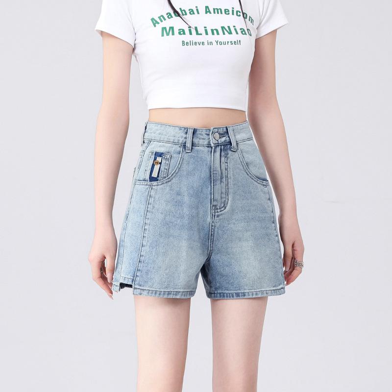 New Patchwork High-Waist Light Blue Denim A-Line Shorts - Summer 2025 Collection