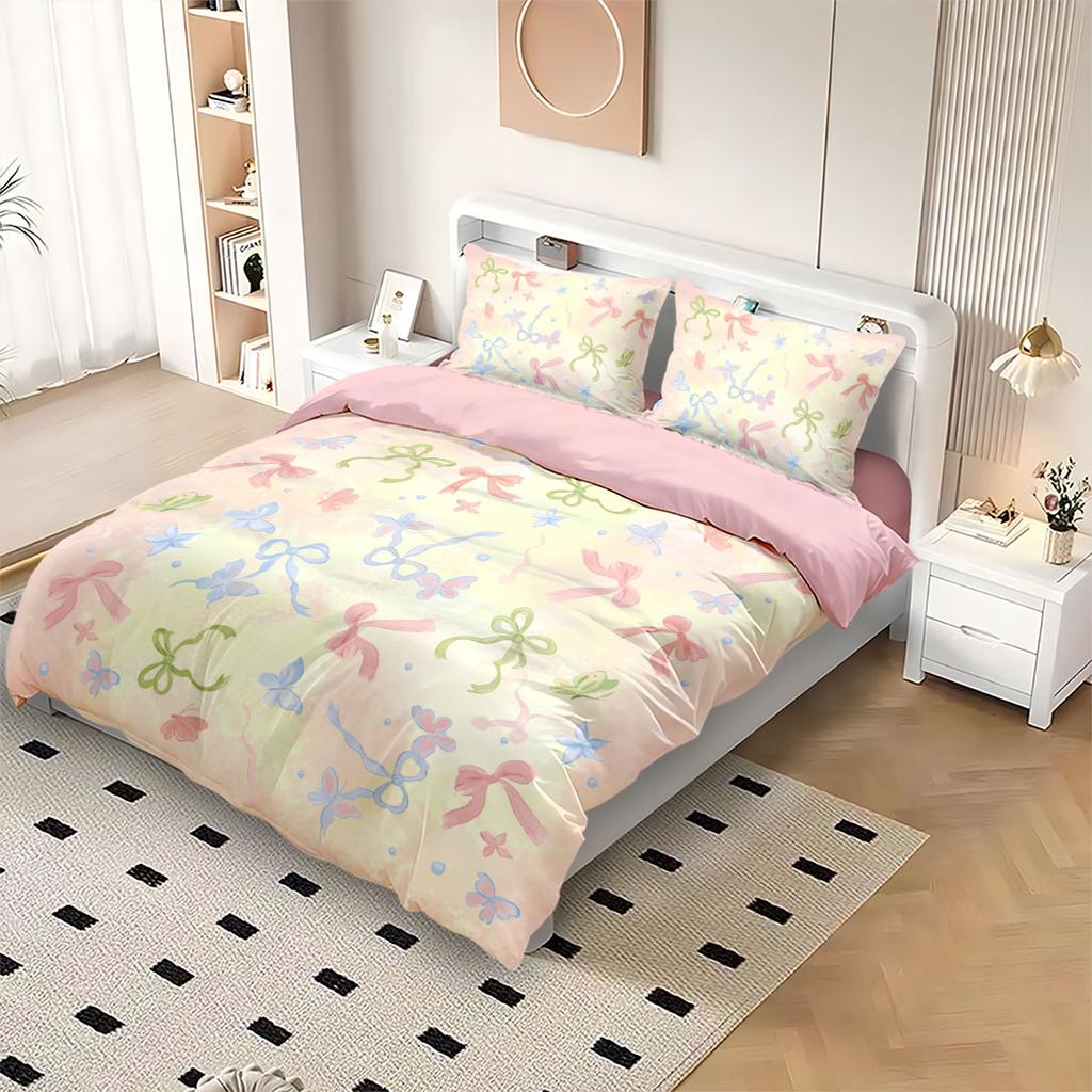 3Pcs Pink Dreamy Sweet Bow Printed Coreless Bedding Set Multi Size Bedroom Bedding Decoration Soft And Comfortable