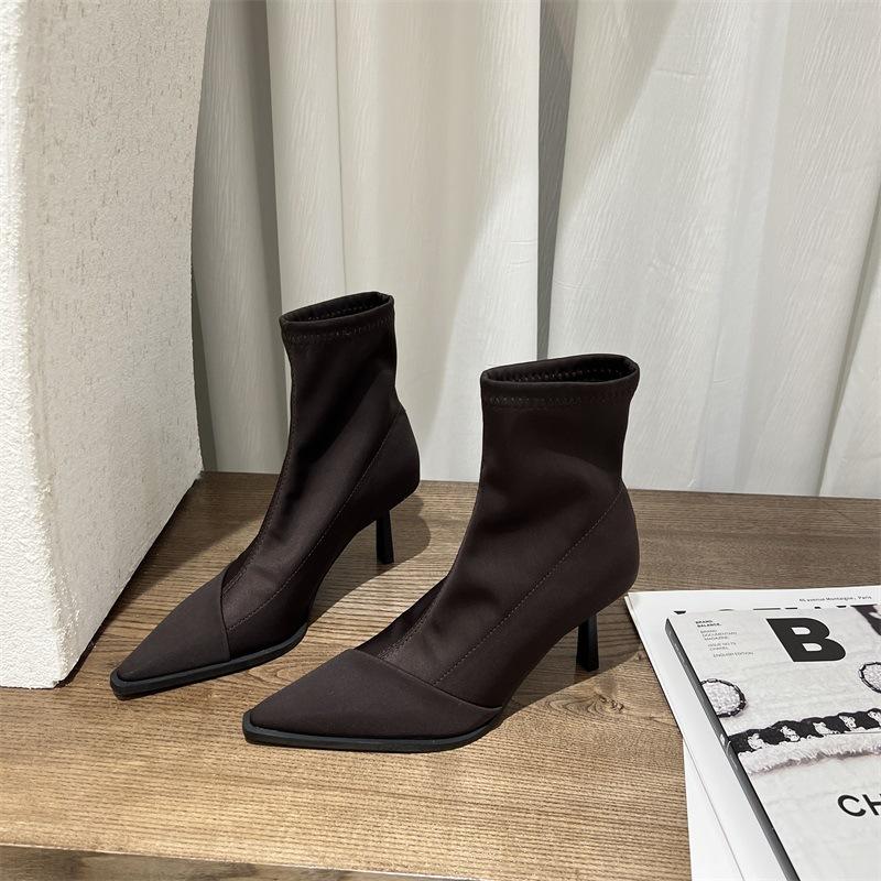 2025 autumn and winter pointed thin heel elastic boots Internet celebrity thin boots medium tube Martin boots matte high heel commuter short boots