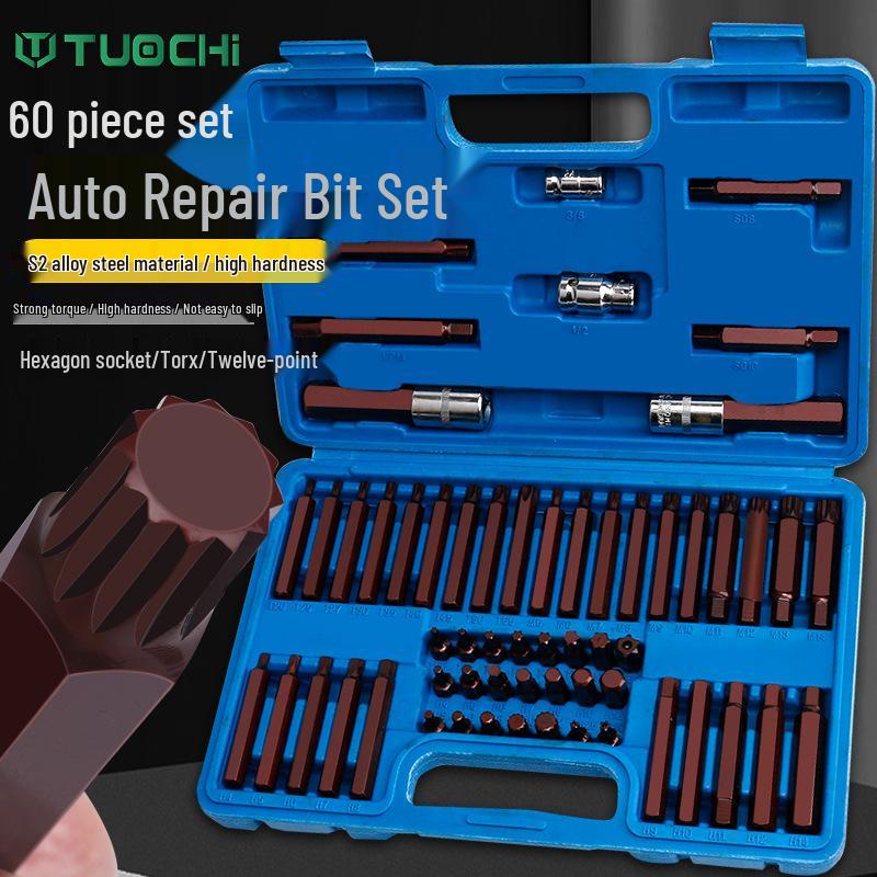 60-Piece Twelve-Point Star and Hex Key Bit Set for Auto Repair & Maintenance