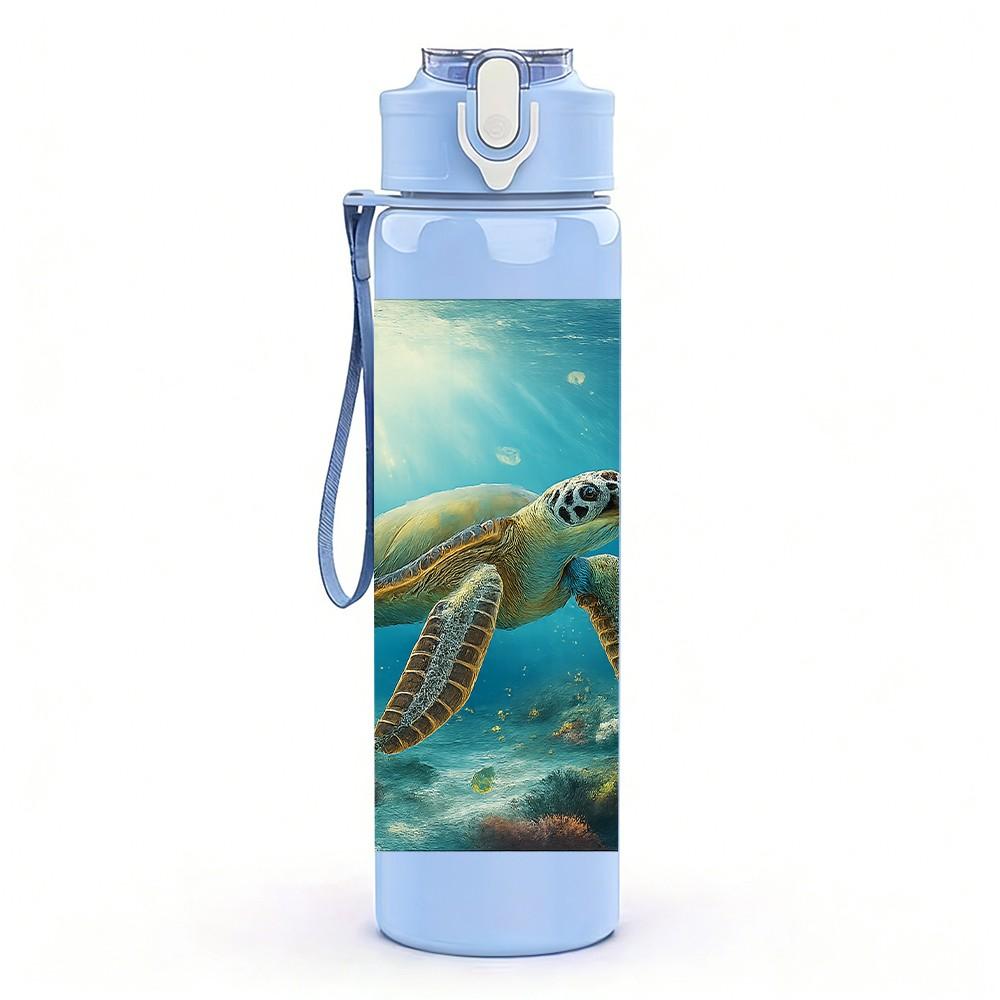 1PC Sea Turtle Underwater Ocean Print 750ml Color Plastic Sports Water Bottle Leakproof Flip Straw Lid Suitable for Sports Office Home Use