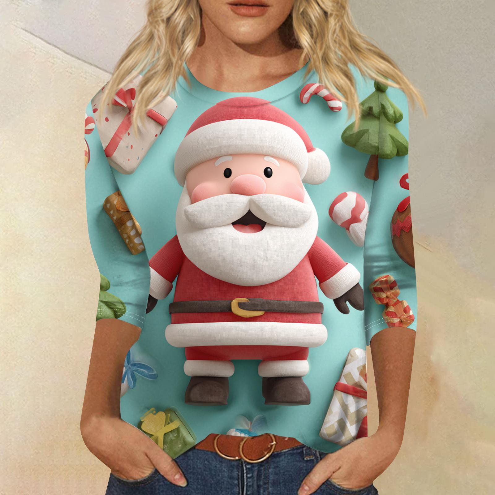 

Женская модная повседневная футболка с круглым вырезом и рукавом три четверти с рождественским принтом S