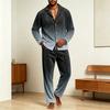 Men's Casual Pajama Set with Loose Fit Corduroy Pants and Printed Long Sleeve Lapel Collar Button-Front Top