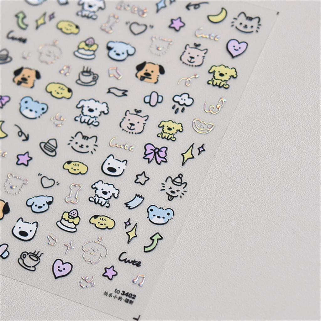 1pcs Cute Sketching Graffiti Animal Cat Dog Rabbit Bear Laser Nail Art Sticker Designs Self Adhesive Decoration Decal Acessories
