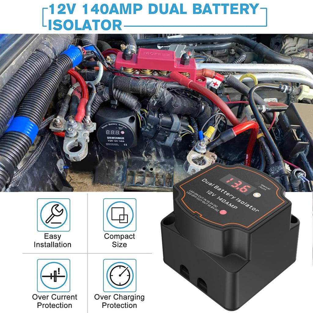 Çift Akü Ayırıcı 12V 140Amp Voltaj Göstergeli Akıllı Akü İzolatörü Araba ve Manuel Mod Voltaj Duyarlı Röle (VSR)