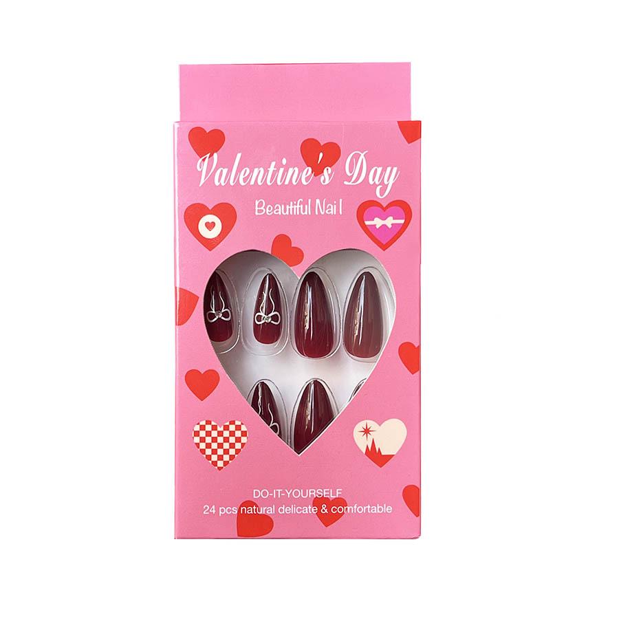 Elegant Wine Red Almond Nails with Bowknot - Removable, Wearable European & American Style