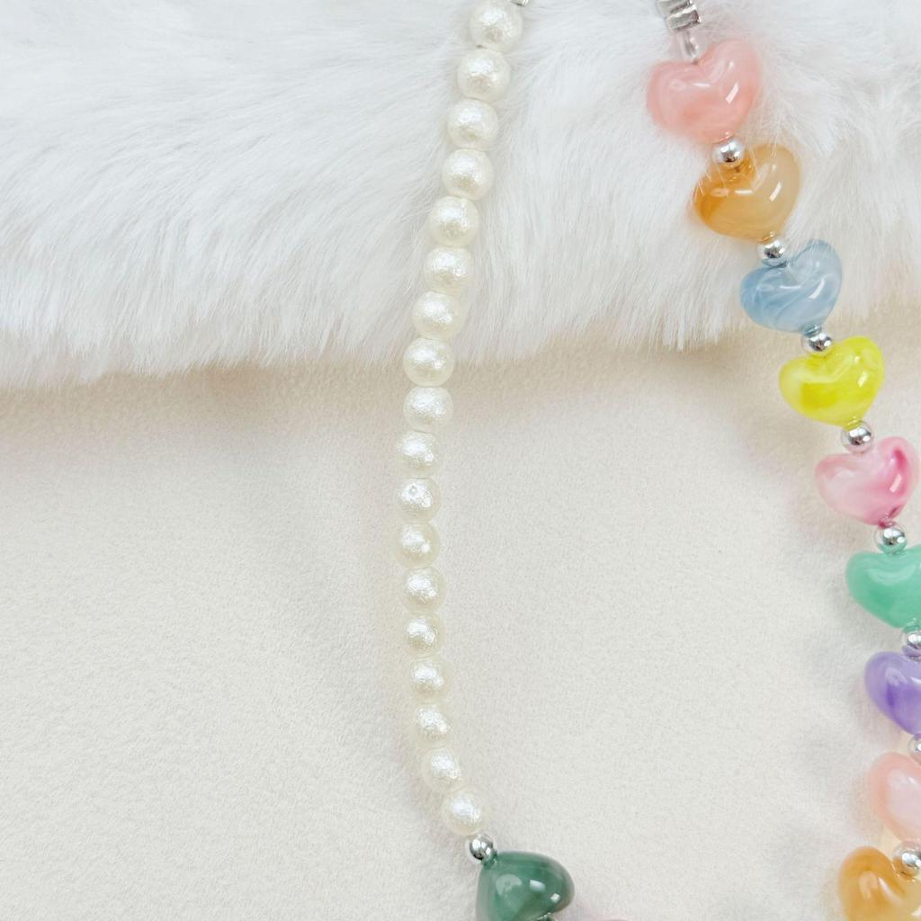 Trending Heart-Shaped Phone Chain: Beaded Pendant, Rainbow Pearl Keychain, Light Luxury Charm