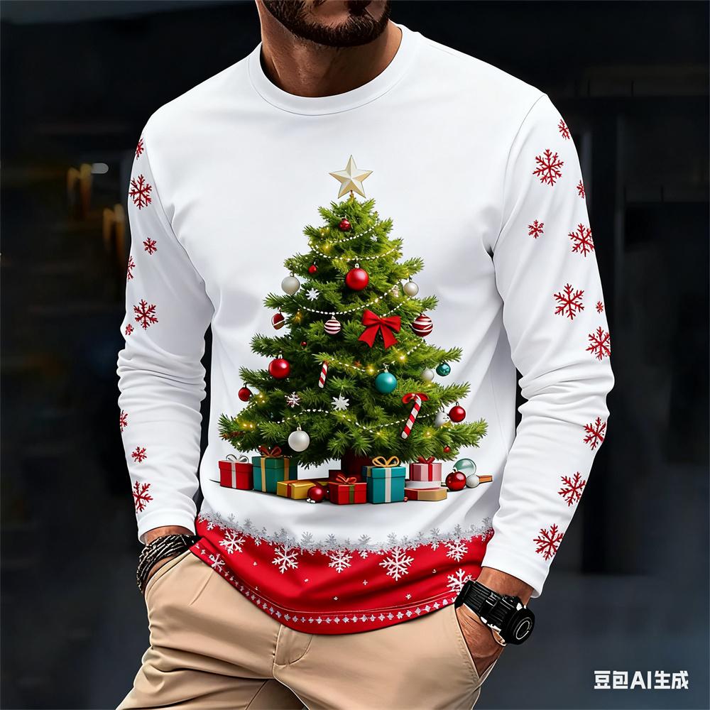 Fashionable Harajuku-style Christmas men's long-sleeve T-shirt, autumn casual round-neck loose top, fun Santa Claus design