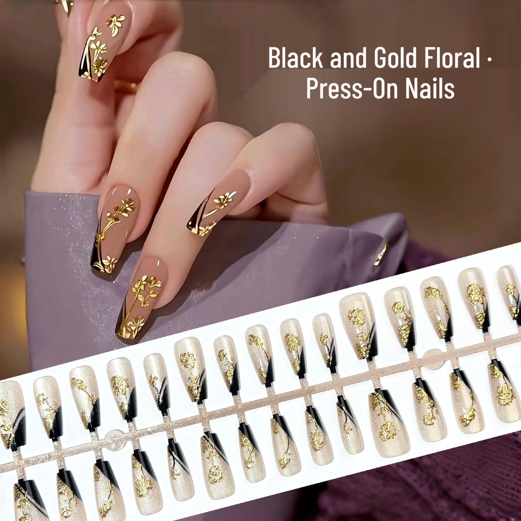 

French Black & Gold Floral Press-On Nails: Luxury Spicy Girl Crystal Cat Eye Manicure YM291-M Black and Gold Floral [All Medium Size]