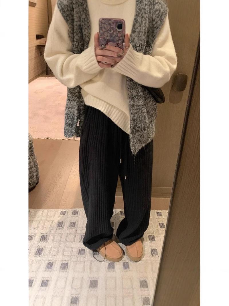 

3D Пояс Осень Вертикальная полоска Стеганый хлопок Прямые брюки на кулиске Широкие брюки Extra Large