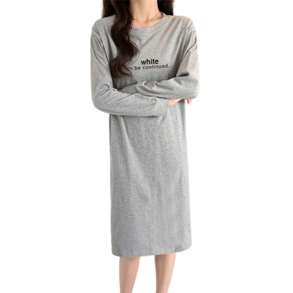 Jeayoo Room Lightweight Long Sleeve Round Loose Long Women's Dress, Fleece-Lined Nightgown, Pajamas, Neck, Fit, Loungewear, T-Shirt
