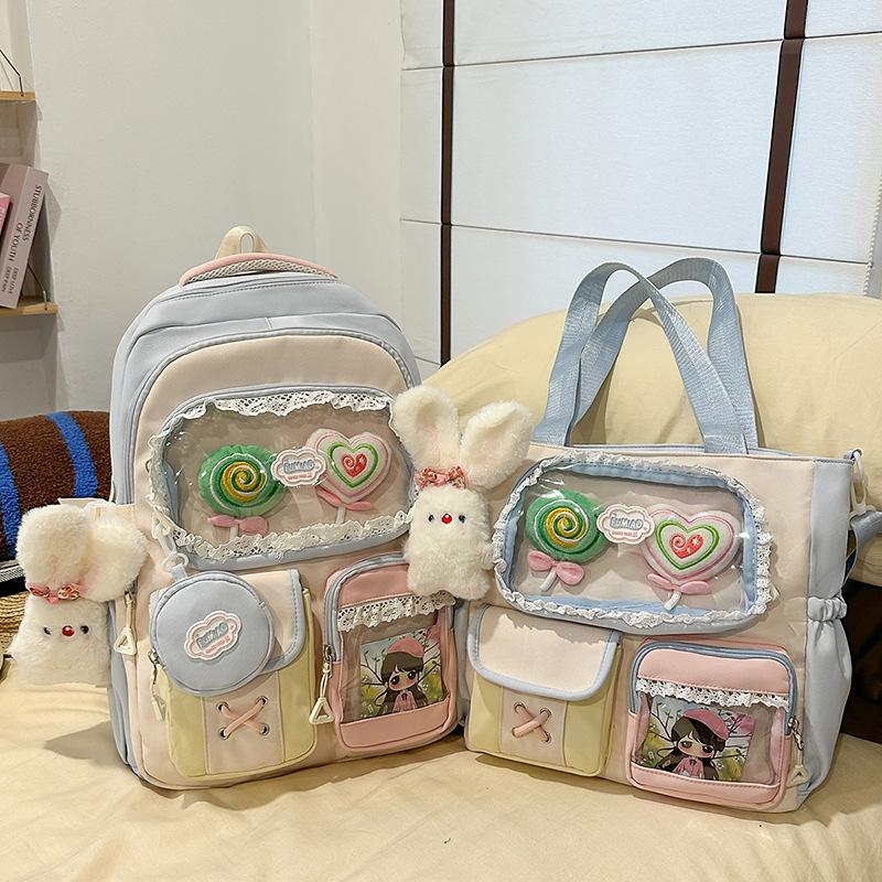 High value dopamine sweet contrasting color girl heart backpack college wind junior high school students multi-compartment backpack
