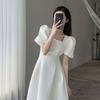 French First Love White Big Swing Dress Women's Summer New Korean Square Collar Thin Temperament Square Collar Dress