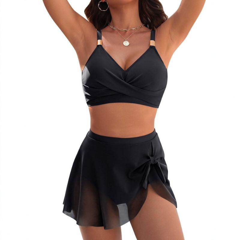 

European and American Bikini Swimsuit Female Sexy Solid Color Thin Mesh Skirt Split Explosion Swimsuit S чёрный