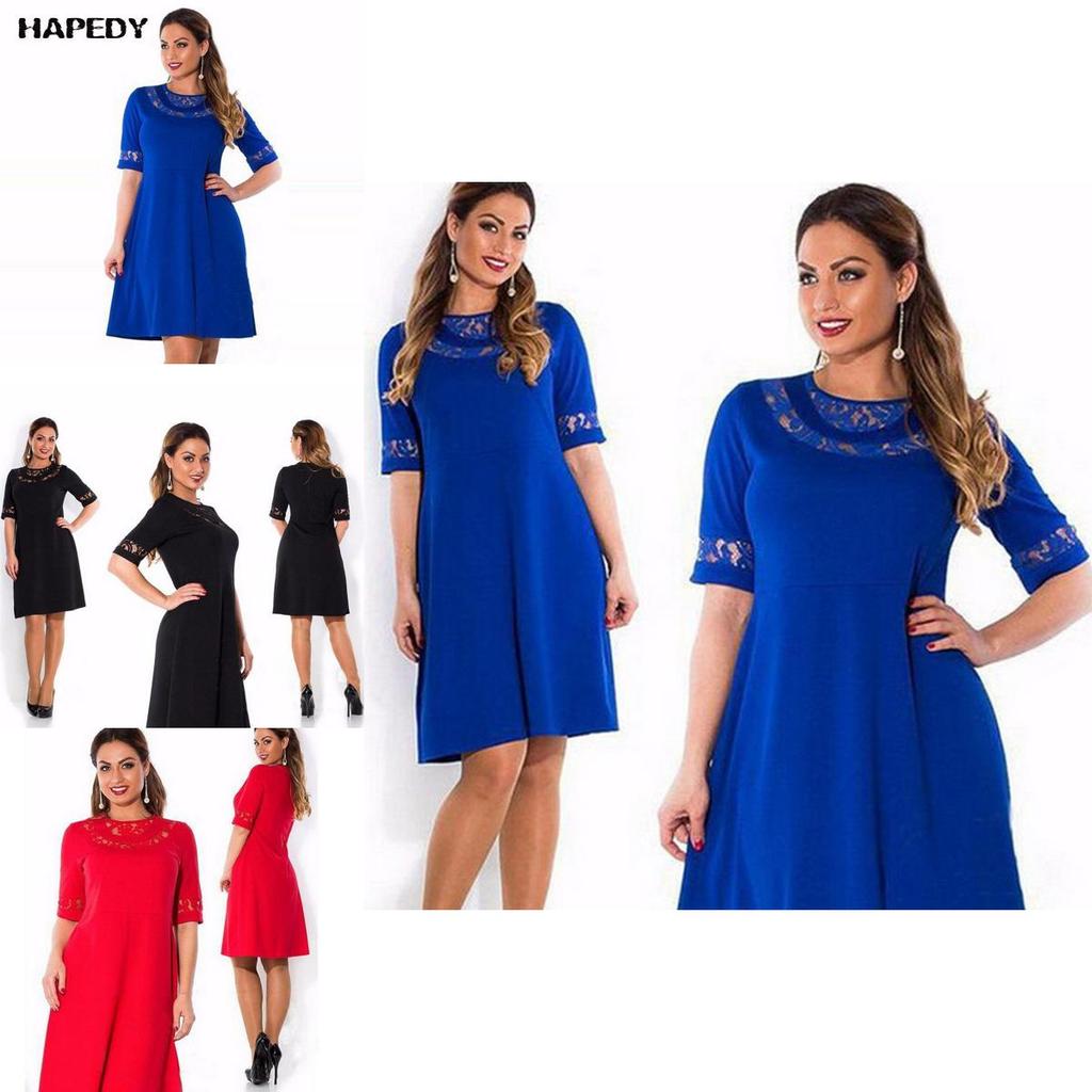 Women Round Collar Plus Size Pure Color Dress With Comfortable Cotton Blend Fabric