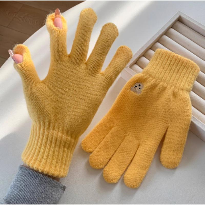 Korean Cute Bear Embroidered Wool Gloves for Women Autumn and Winter Knitted Touch Screen Student Warm Cycling Gloves Windproof