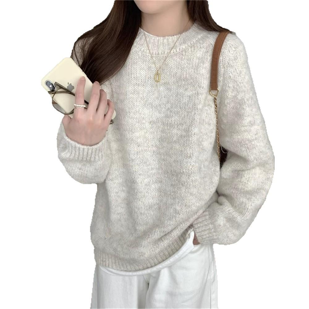Soft Round Neck Pullover Sweater - Women's Autumn/Winter Loose-Fit, Solid Color Knitted Top with Long Sleeves