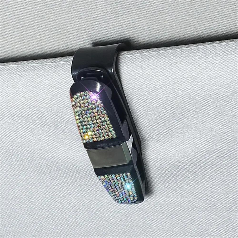 New Rhinestone Crystal Auto Sun Visor Glasses Fastener Clip Sunglasses Ticket Card Multi-Function Holder Car Interior Accessory