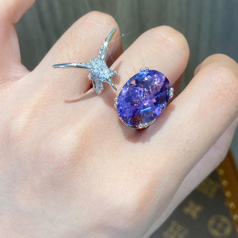 BELLA BOX Luxuriöser, eleganter Ring aus imitiertem Santa Maria-Amethyst und Aquamarin mit Kolibri-Motiv, geeignet für den täglichen Party-Modeschmuck für Damen