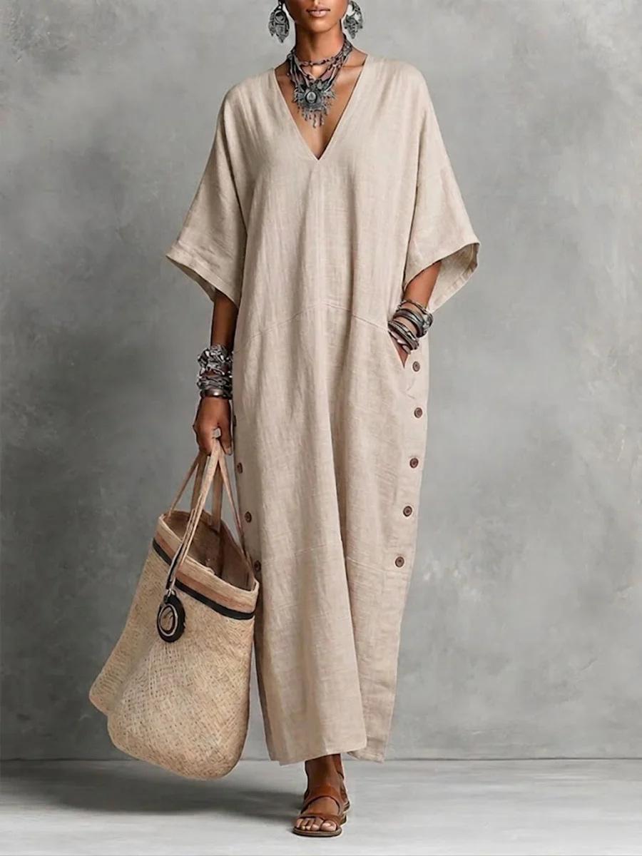 2026 European and American new V-neck short-sleeved dress, summer literary temperament loose and thin robe S абрикосовый