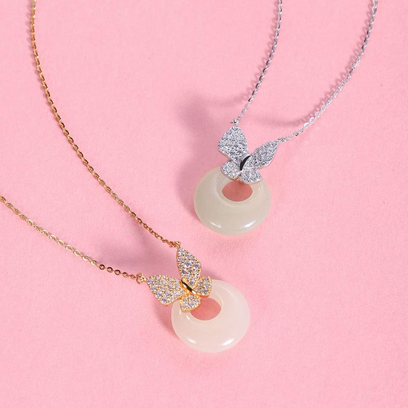 

Trendy Pure Silver Butterfly Necklace with Hetian Jade Pendant - Women s Light Luxury Clavicle Chain S925 Silver