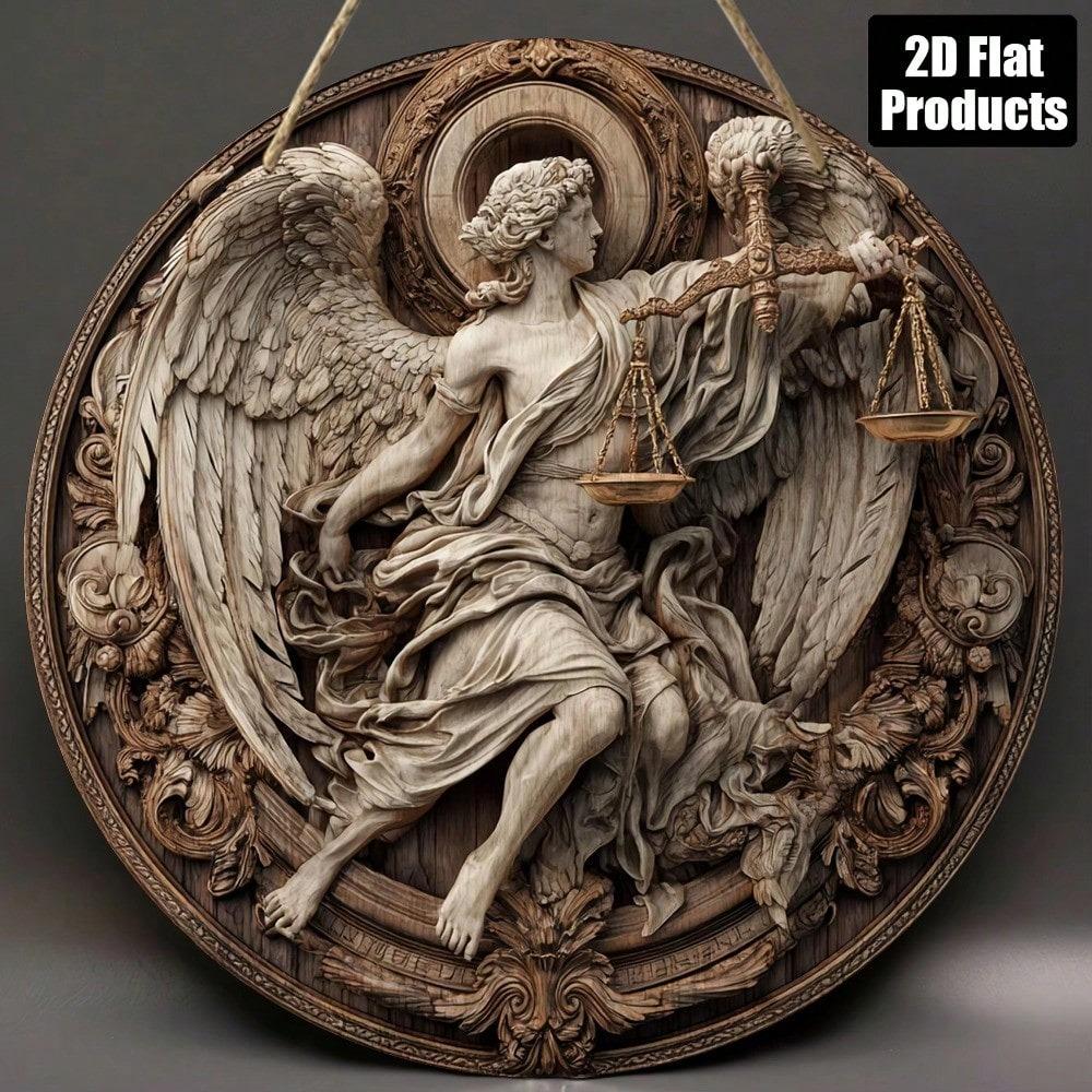 Rustic Justice Angel Round Metal Wall Art 8x8in Farmhouse Home Decor Living Room Bedroom Kitchen Bathroom Tin Sign