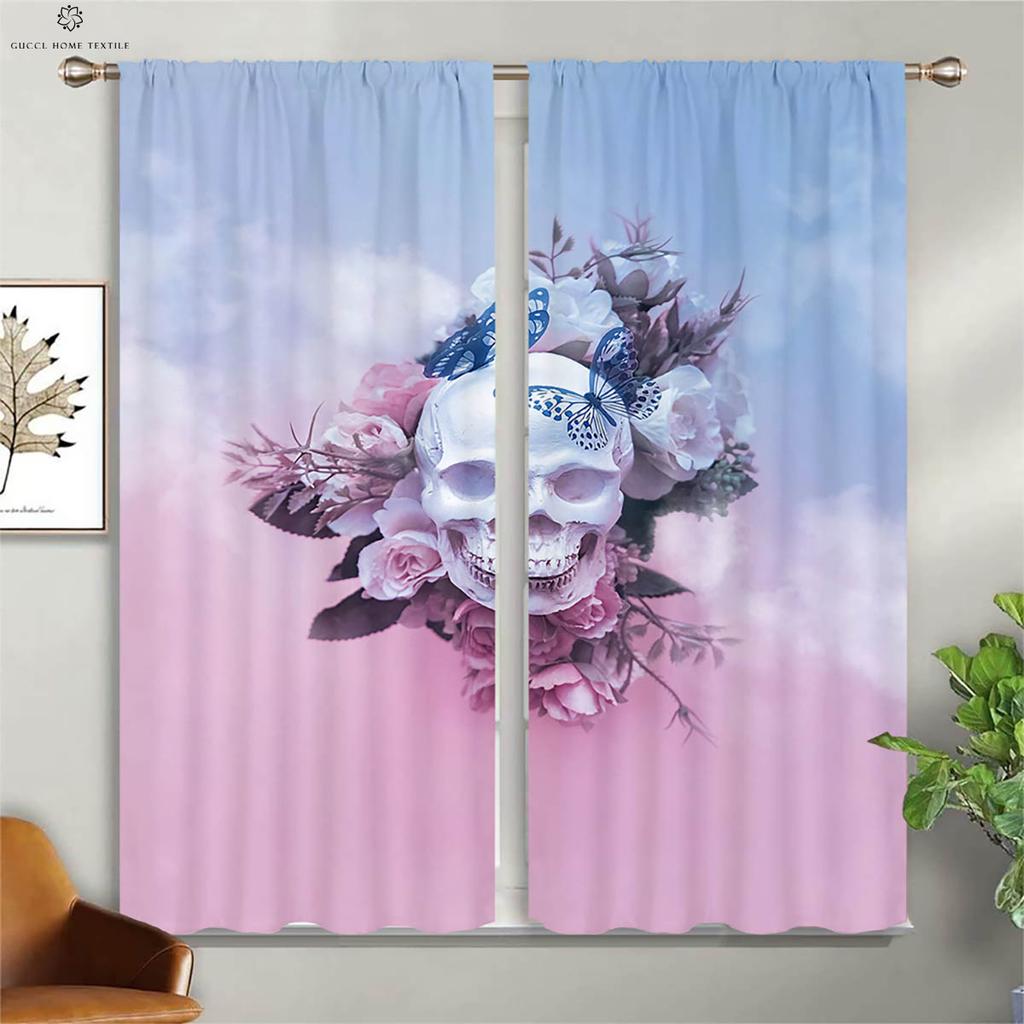 Skull Stealing Floral Creative Print Curtains, Suitable for Living Room, Dining Room, Study Room, Halloween Decoration