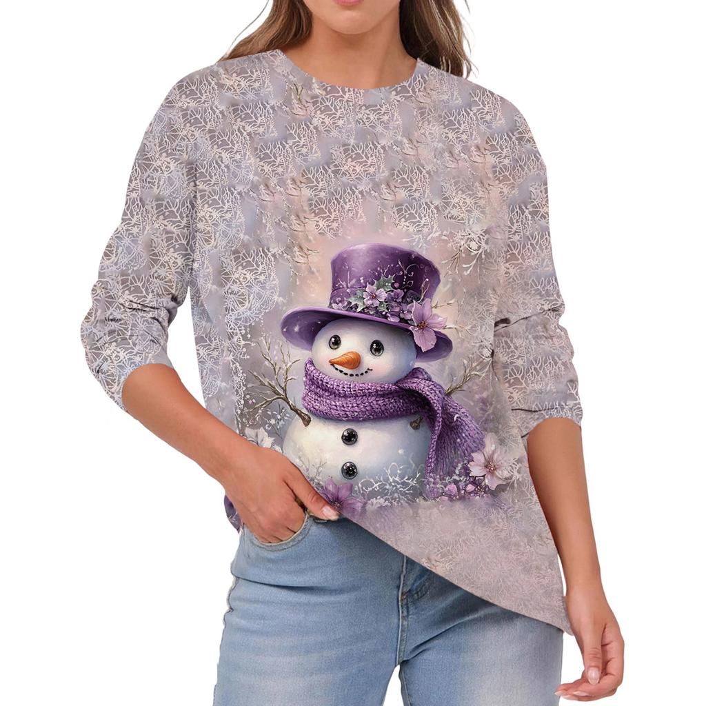 Women's Fashion Casual Christmas Print Round Neck Solid Color Long Sleeve Top