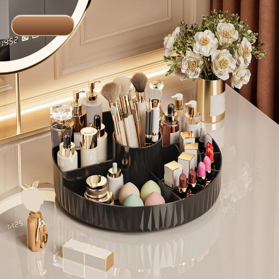 מארגן איפור מסתובב 360 מעלות קופסת אחסון קוסמטיקה עם מחזיק למברשות איפור מארגן עגול לשולחן איפור לטיפוח עור, בשמים, קרמים