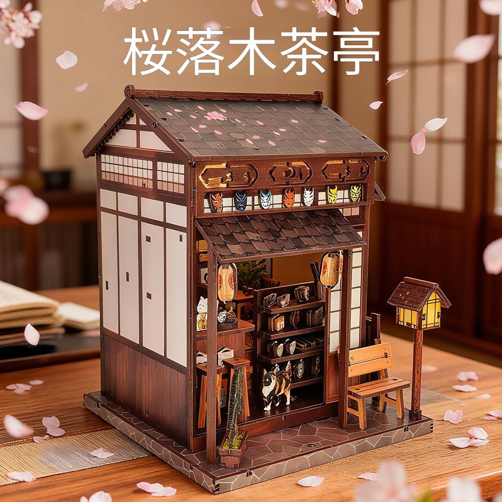 Pixie Curio Book Nook Kit 3D Wooden Puzzle Cherry Blossom Tea House Dollhouse Kit Miniature Style Cherry Blossom with Lucky Cat Figurine and LED Light