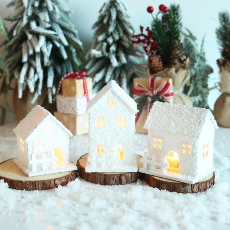 Christmas LED Light House Luminous Wooden Cabin Ornaments Snow Small Village Xmas Decoration For Home  New Year Navidad Gift