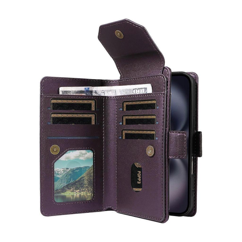 AS For iPhone 16 Plus Case with Card Holder Stand PU Leather Flip Phone Cover - Purple