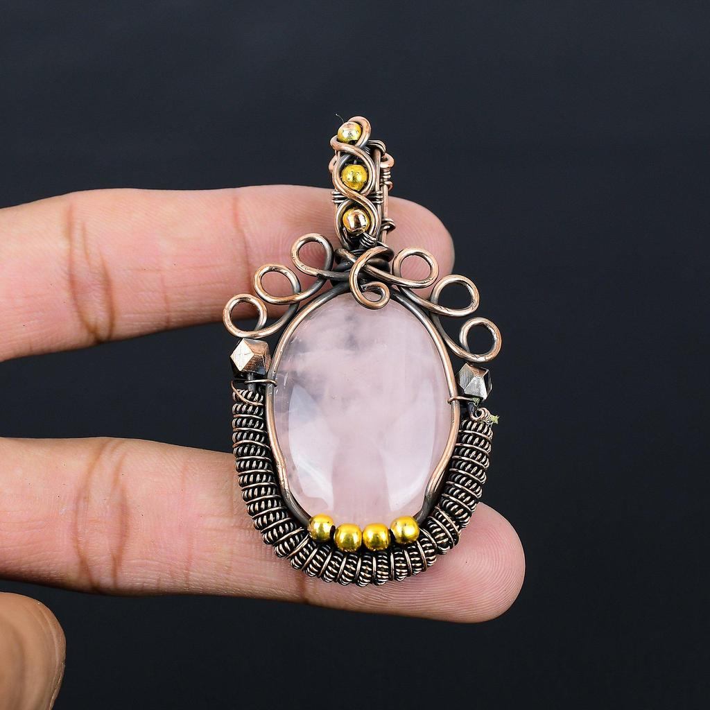 Rose Quartz Gemstone Pure Copper Wire Wrapped Handmade Pendant Jewelry For Gift