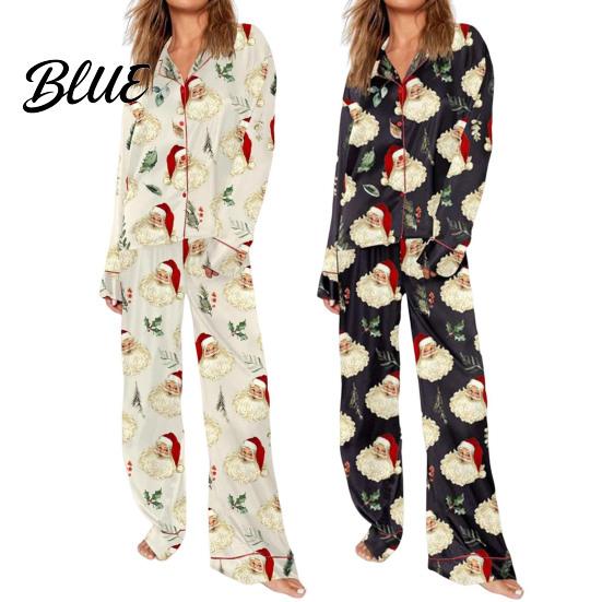 Lightweight Loungewear 2 Pcs/Set Christmas Women Pajamas Suit Satin Santa Printing Lapel Long Loose Fit
