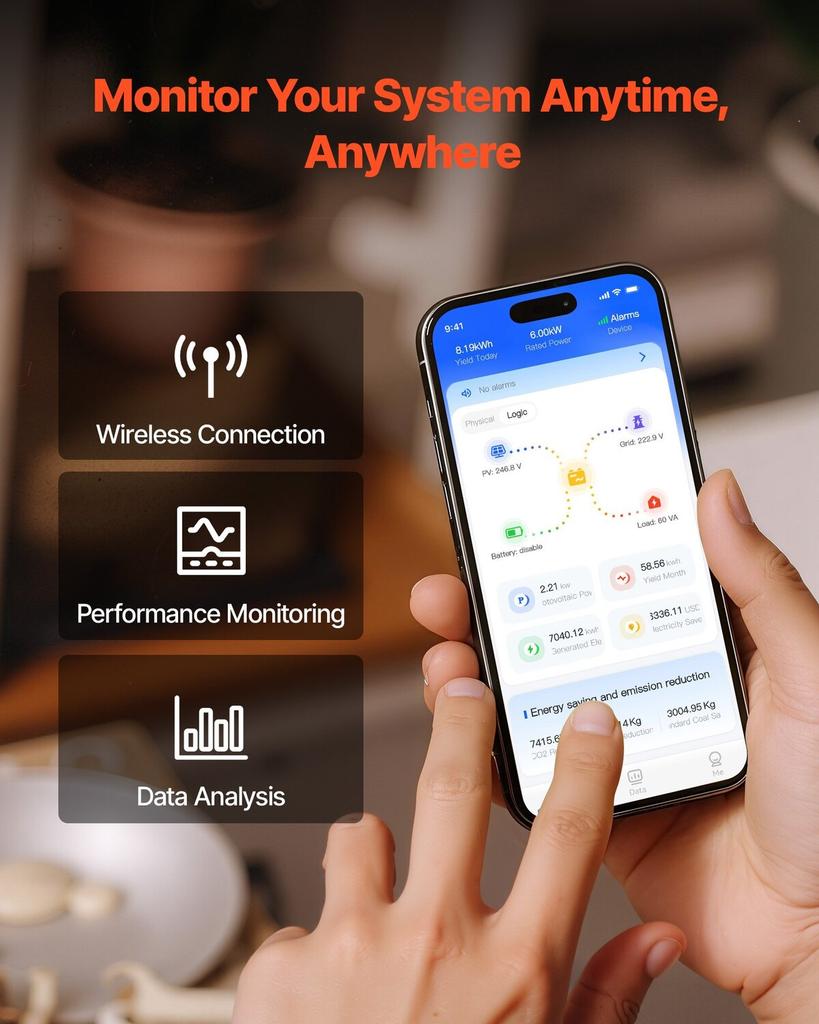 4000W hibridinis saulės keitiklis, 24V DC į 230V AC, grynos sinusinės bangos galios keitiklis įkroviklis, su integruotu 120A MPPT saulės valdikliu, WiFi moduliu,