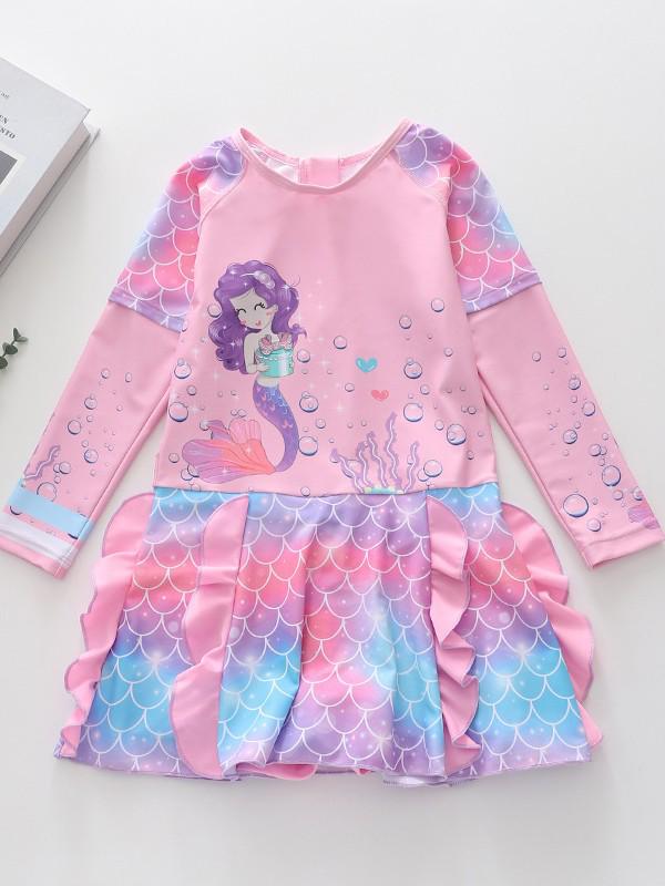 2026 Long Sleeve Girls' One-Piece Swimsuit Skirt Style with CPC Certification for Medium and Large Children