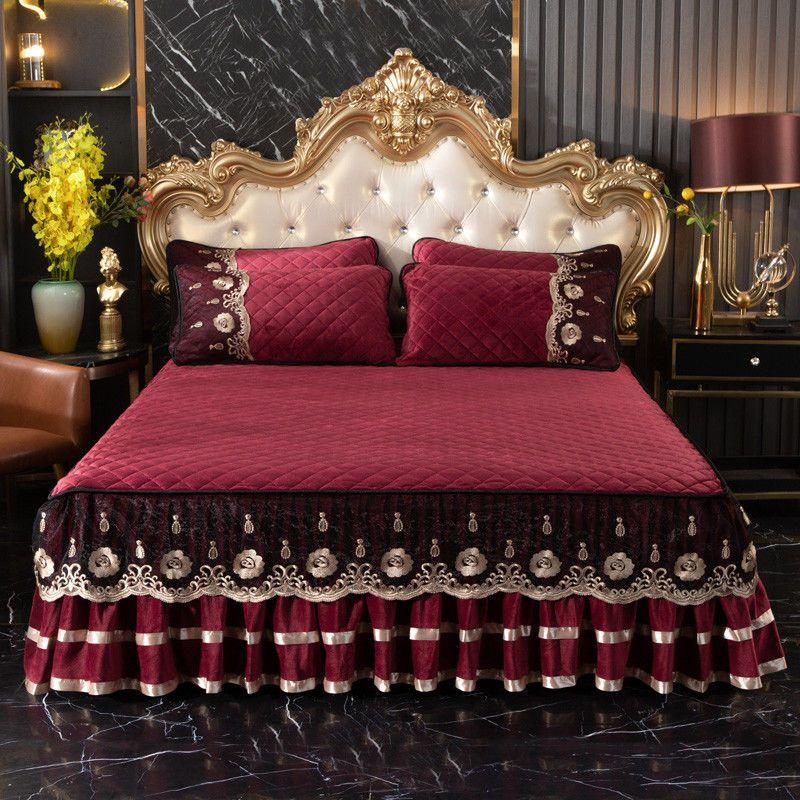 High Grade Winter Crystal Velvet Thicken Quilted Bedspread King Queen Size Flannel Quilting Bed Skirt Including Pillowcase