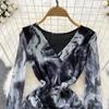 Sexy Tie-dye Printed V-Neck Long Sleeve Dress Women Chic Elegant Patchwork Vintage Midi Dresses Female Korean Fashion Casual One Piece Dress 2024