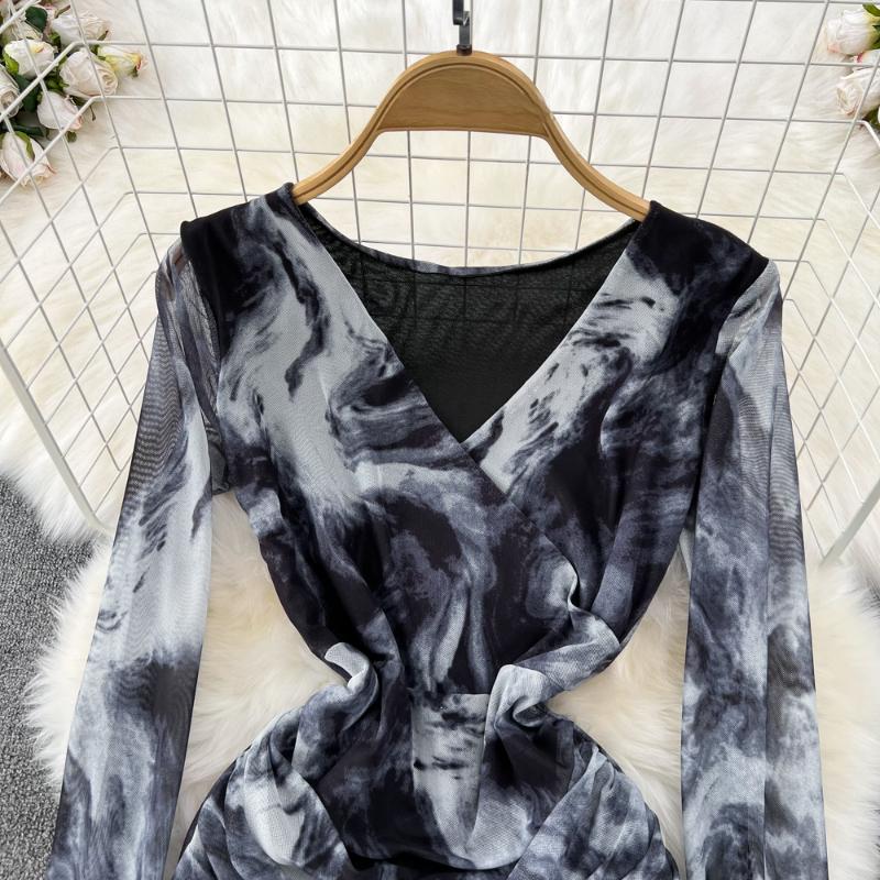 Sexy Tie-dye Printed V-Neck Long Sleeve Dress Women Chic Elegant Patchwork Vintage Midi Dresses Female Korean Fashion Casual One Piece Dress 2024