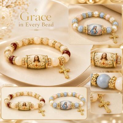 Religiöses Perlenarmband mit Bild des Heiligen Herzens Jesu und Kreuz-Anhänger Elastisches Dehndesign Geeignet für den täglichen Gebrauch und spirituelle Nutzung
